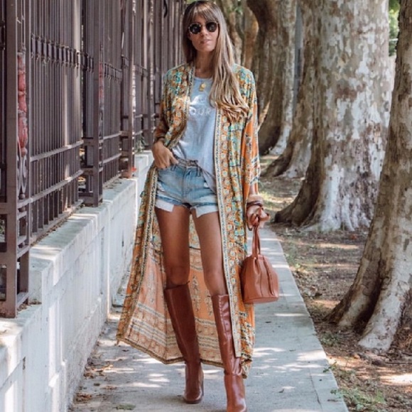 Boho Kimono Floral Gypsy Print Maxi CoverUp orange - Picture 2 of 9